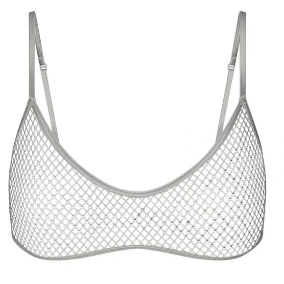 💎SWAROVSKI XSKIMS STRETCH NET SKIMPY SCOOP BRALETTE &DIPPED THONG SILVER XS NWT
